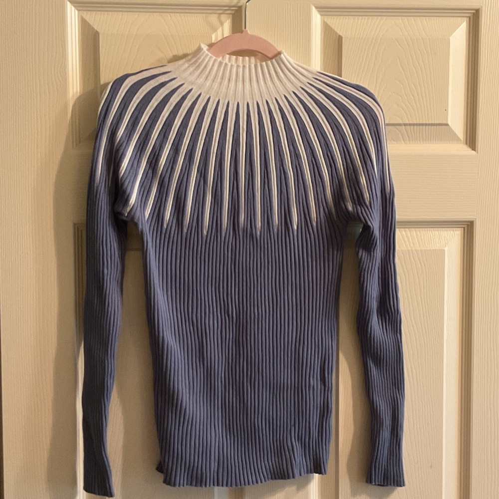 Blue and White Ribbed Long Sleeve Top